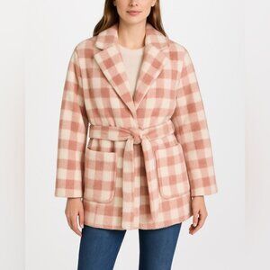 APPARIS Rare Gingham Check Teddy Coat with Tie Waist Pink Jacket Womens Size S/M